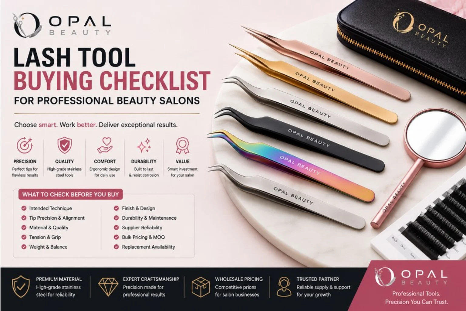 Lash tool buying checklist for professional beauty salons - Opal Beauty guide to choosing eyelash tweezers