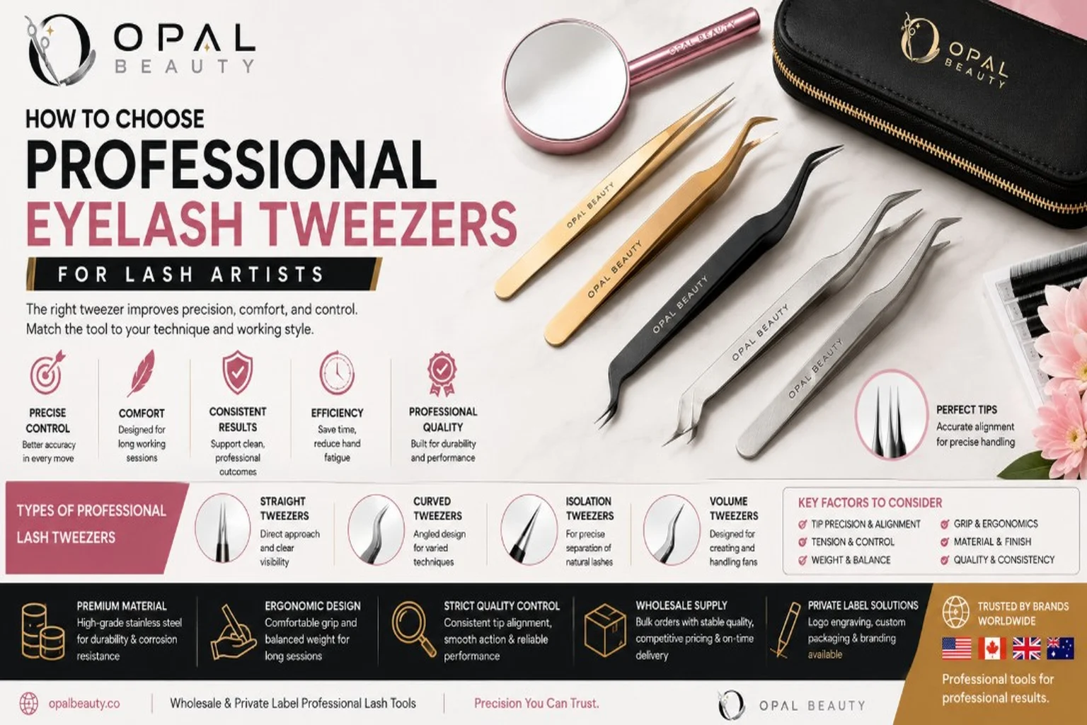 Opal Beauty guide for lash artists on choosing professional eyelash extension tweezers