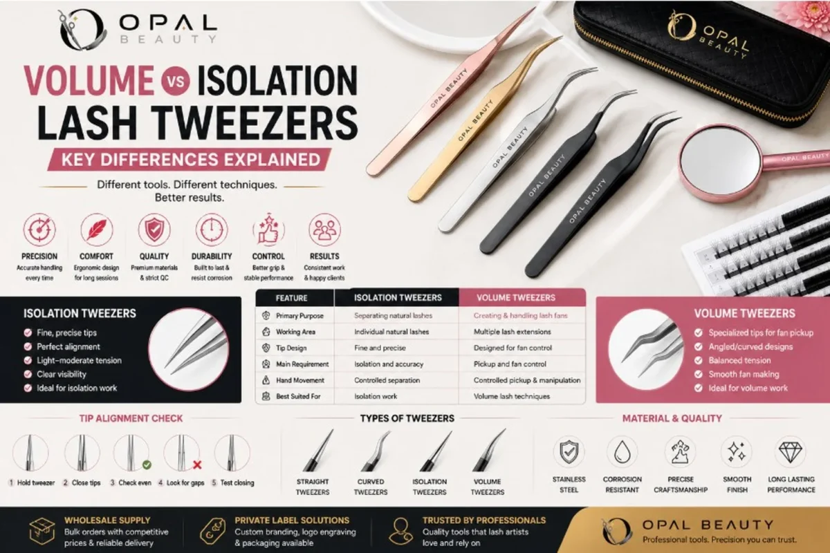 Comparison of volume vs isolation eyelash tweezers for professional lash extensions