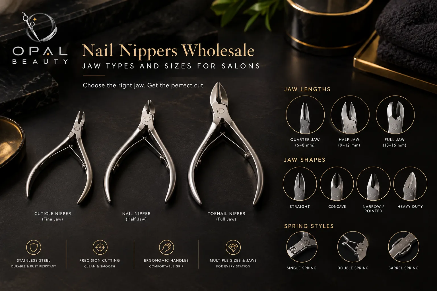 Wholesale nail nippers featuring cuticle, nail, and toenail nippers with different jaw lengths, jaw shapes, and spring styles by Opal Beauty