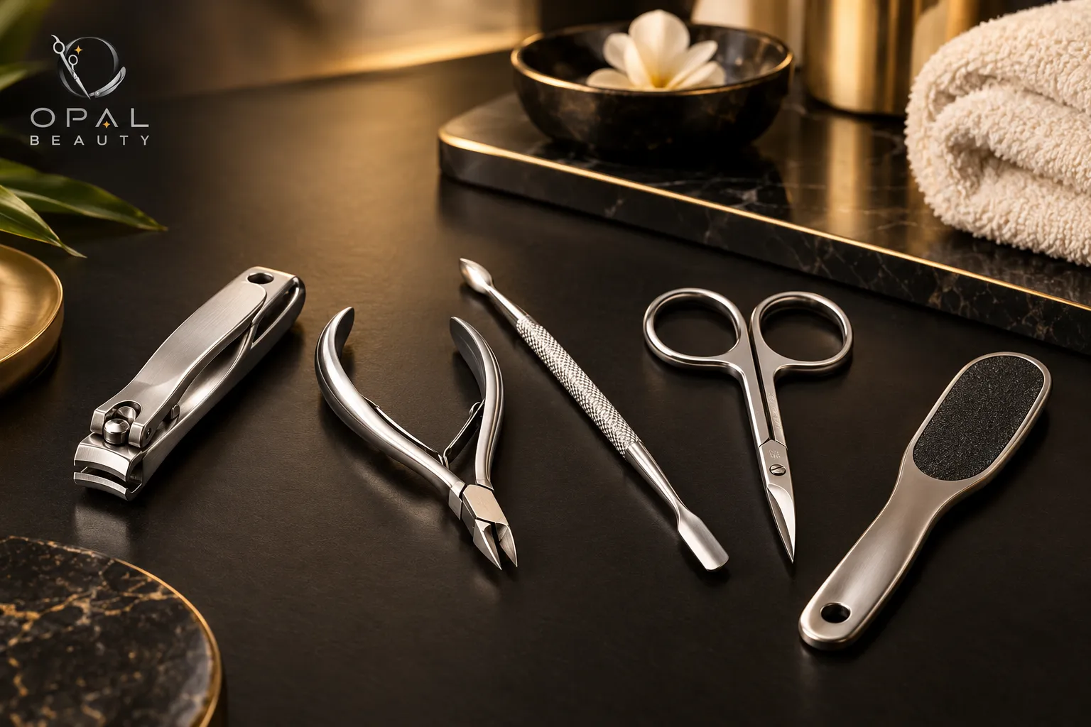 Wholesale pedicure instruments including stainless steel toenail clippers, cuticle nippers, nail pushers, scissors, and foot file by Opal Beauty