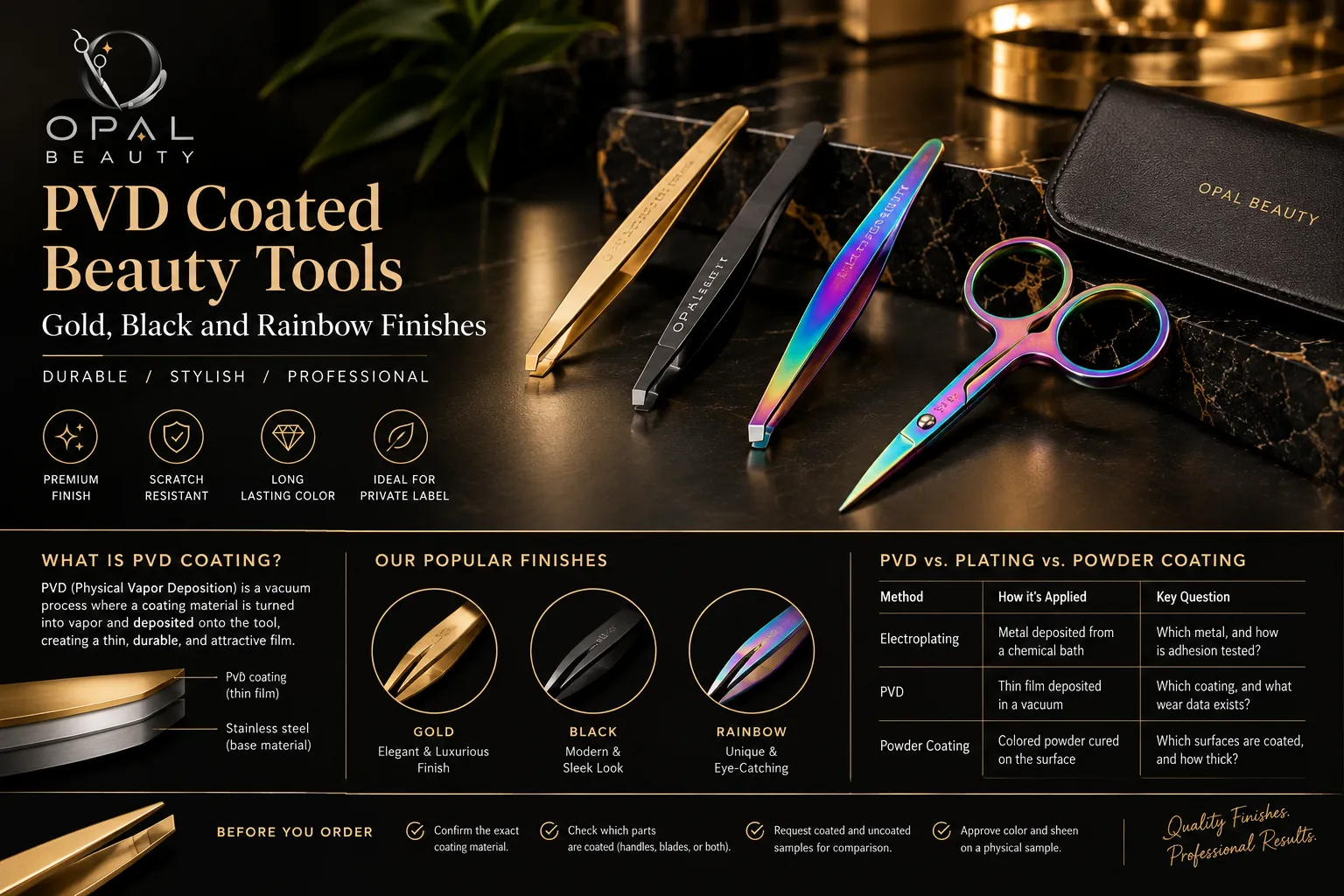 PVD-coated beauty tools featuring gold, matte black, and rainbow-finish tweezers and scissors by Opal Beauty