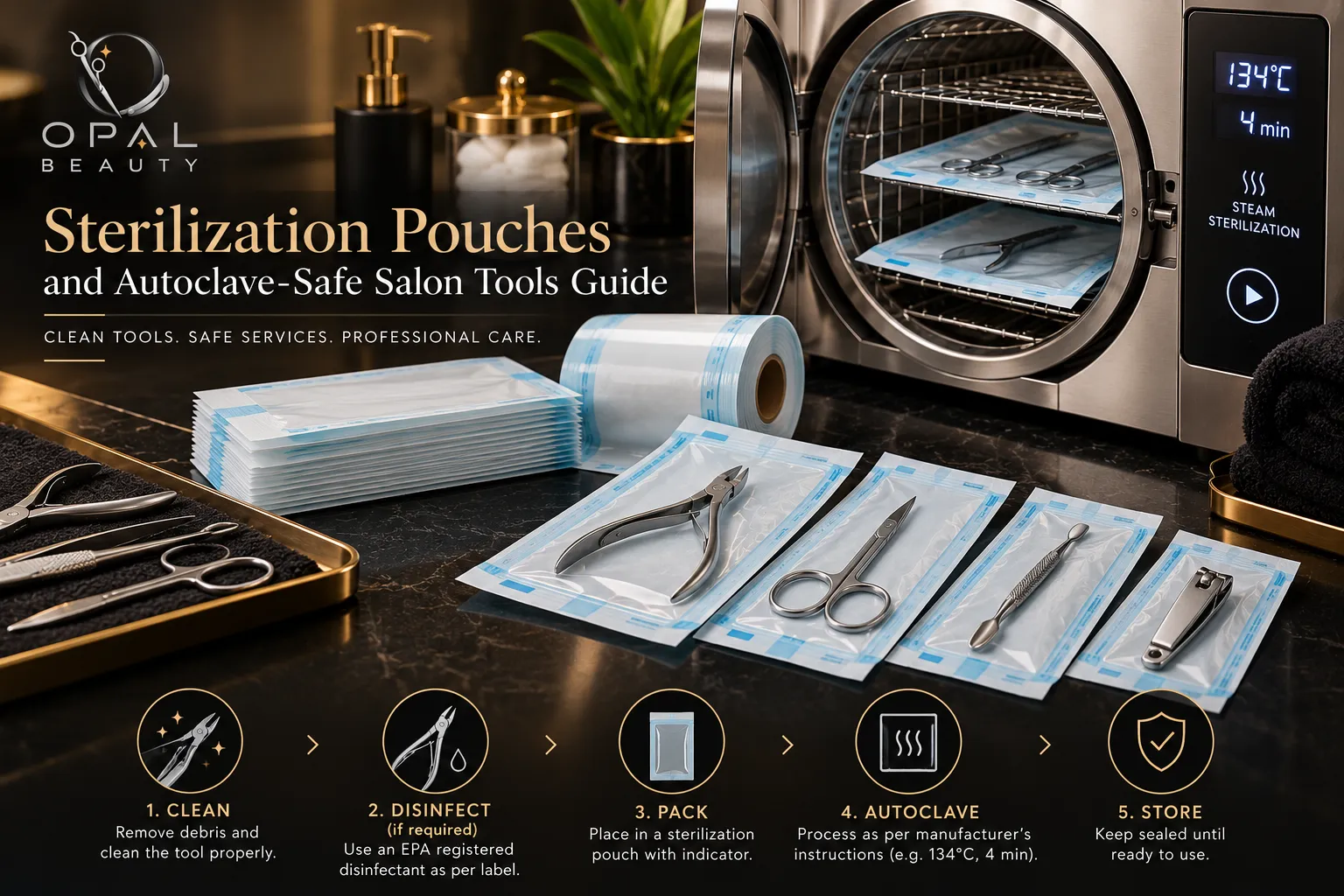 Sterilization pouches containing stainless steel salon tools beside an autoclave machine by Opal Beauty